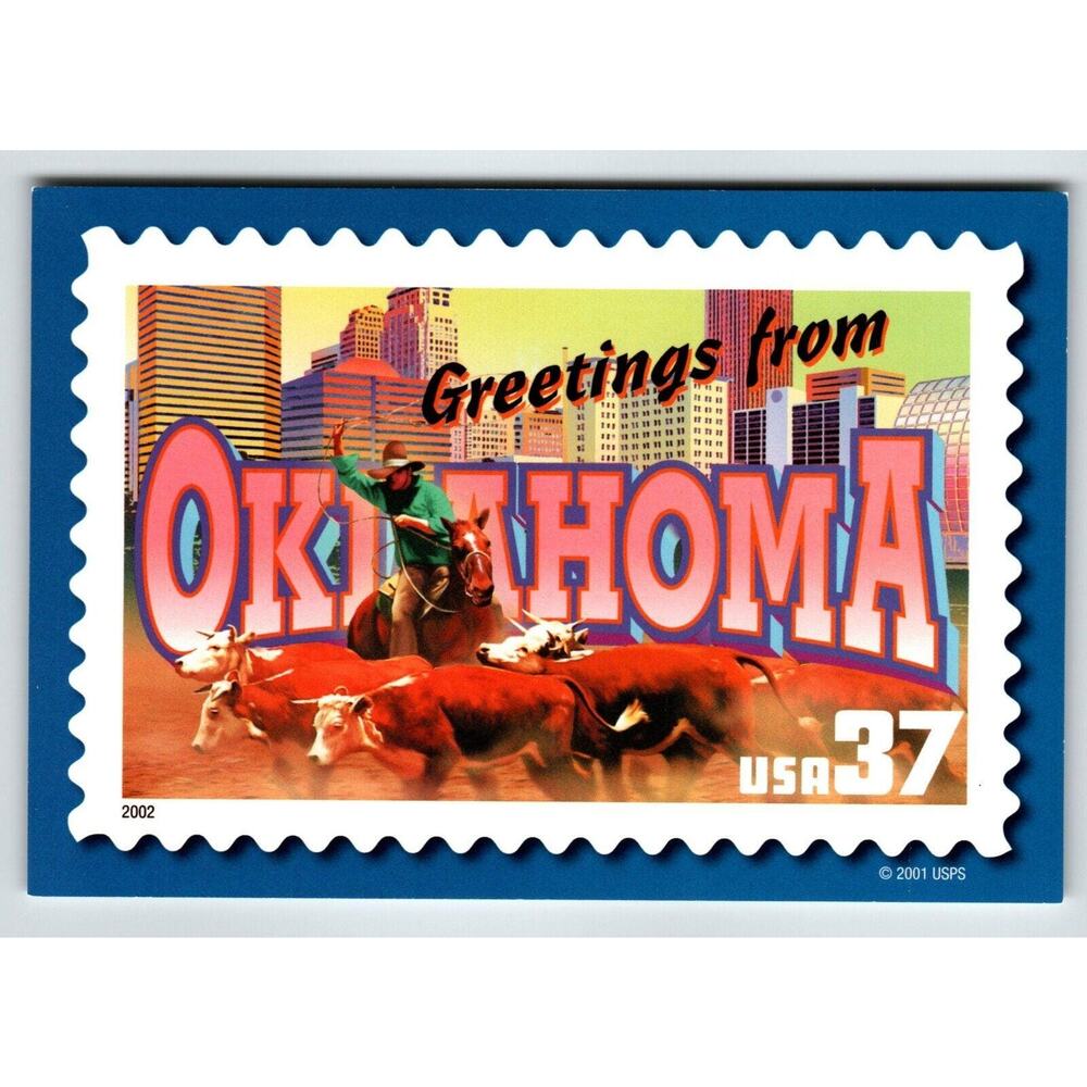 Greetings From Oklahoma Large Letter Chrome Postcard USPS 2001 Cattle Bull Horse